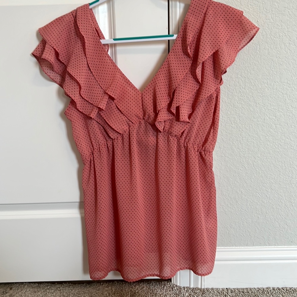 M L Love boutique pink with navy dots  V neck blouse with low back